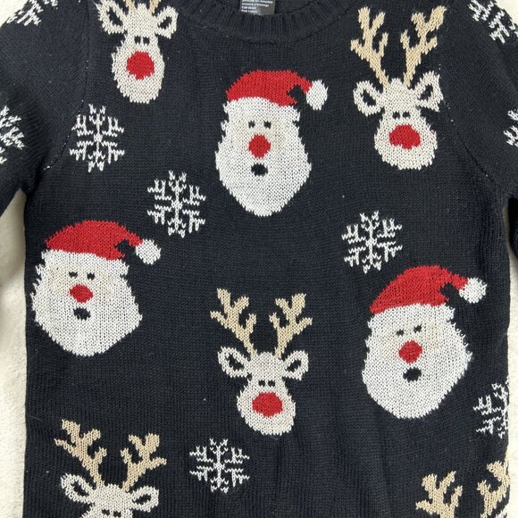 Guilty Knitwear Christmas Sweater Medium Santa Reindeer Snowflakes Black Long - Picture 3 of 6